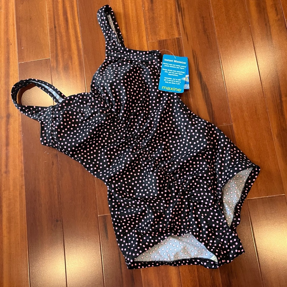 Maxine Swimsuit Polka Dot‎ Black Pink Shirred Front One-Piece Swim Minimizer 12
